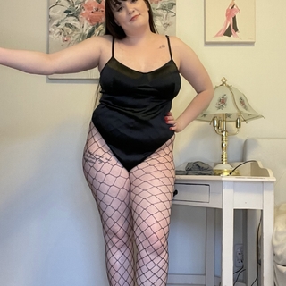 Classic Burlesque Black Satin Bodysuit, Fishnets, and Heels photo gallery by Daisy Westcoast