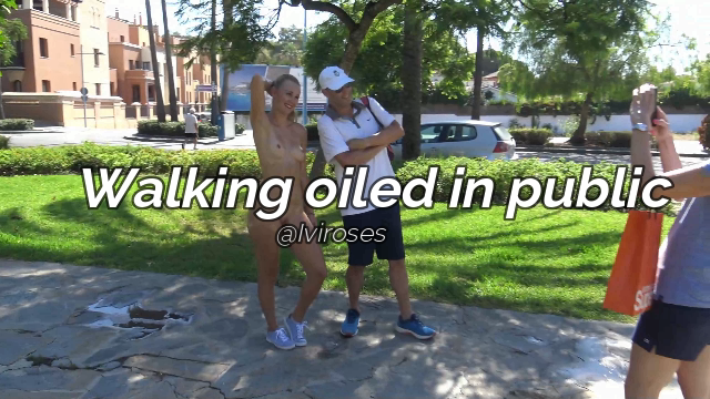 Oily naked walk in public - photos with strangers